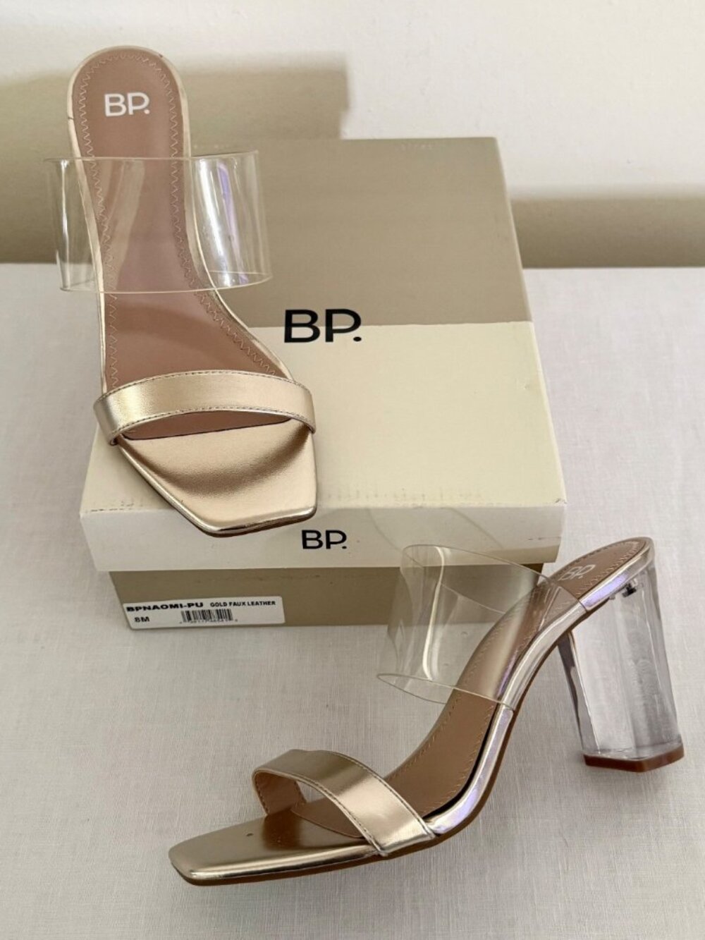 BP Gold Sandals Size 8M Naomi Clear Strap Block Heel With Box